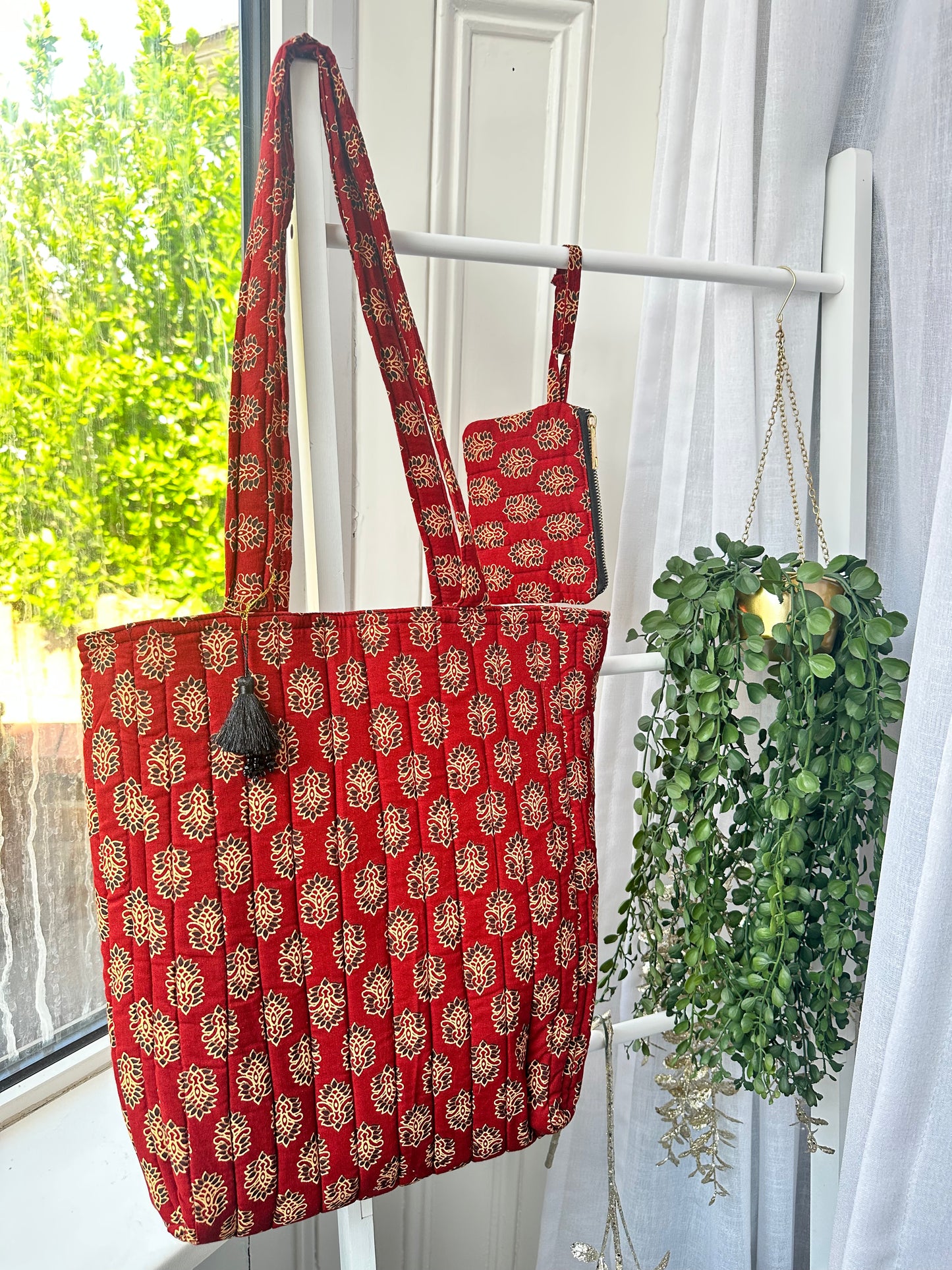 Rooh Ajrakh Blockprint Handmade Tote Bag with tassel and a mini Pouch