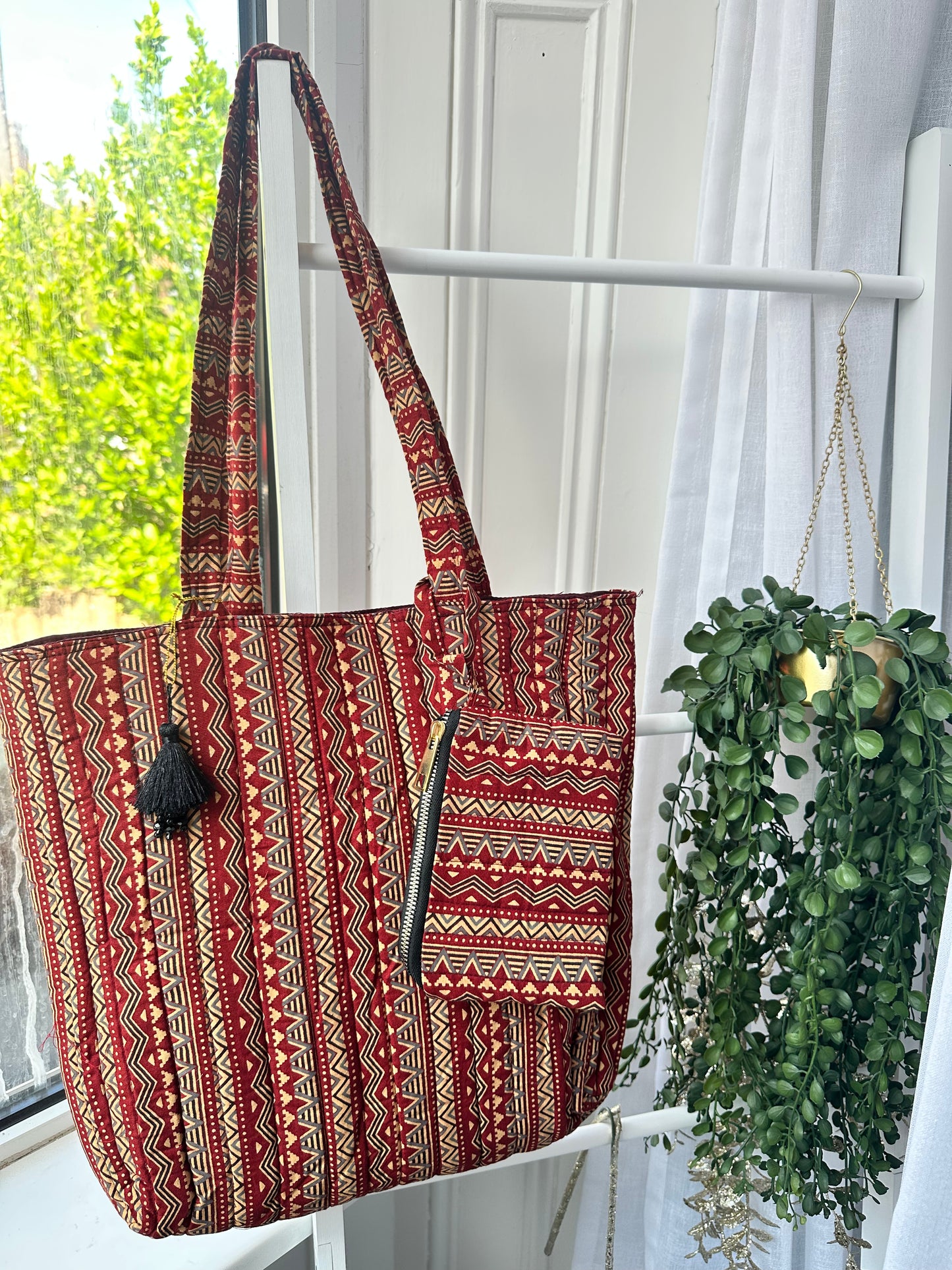Rekha Block Print Handmade Tote Bag with tassel and a mini Pouch