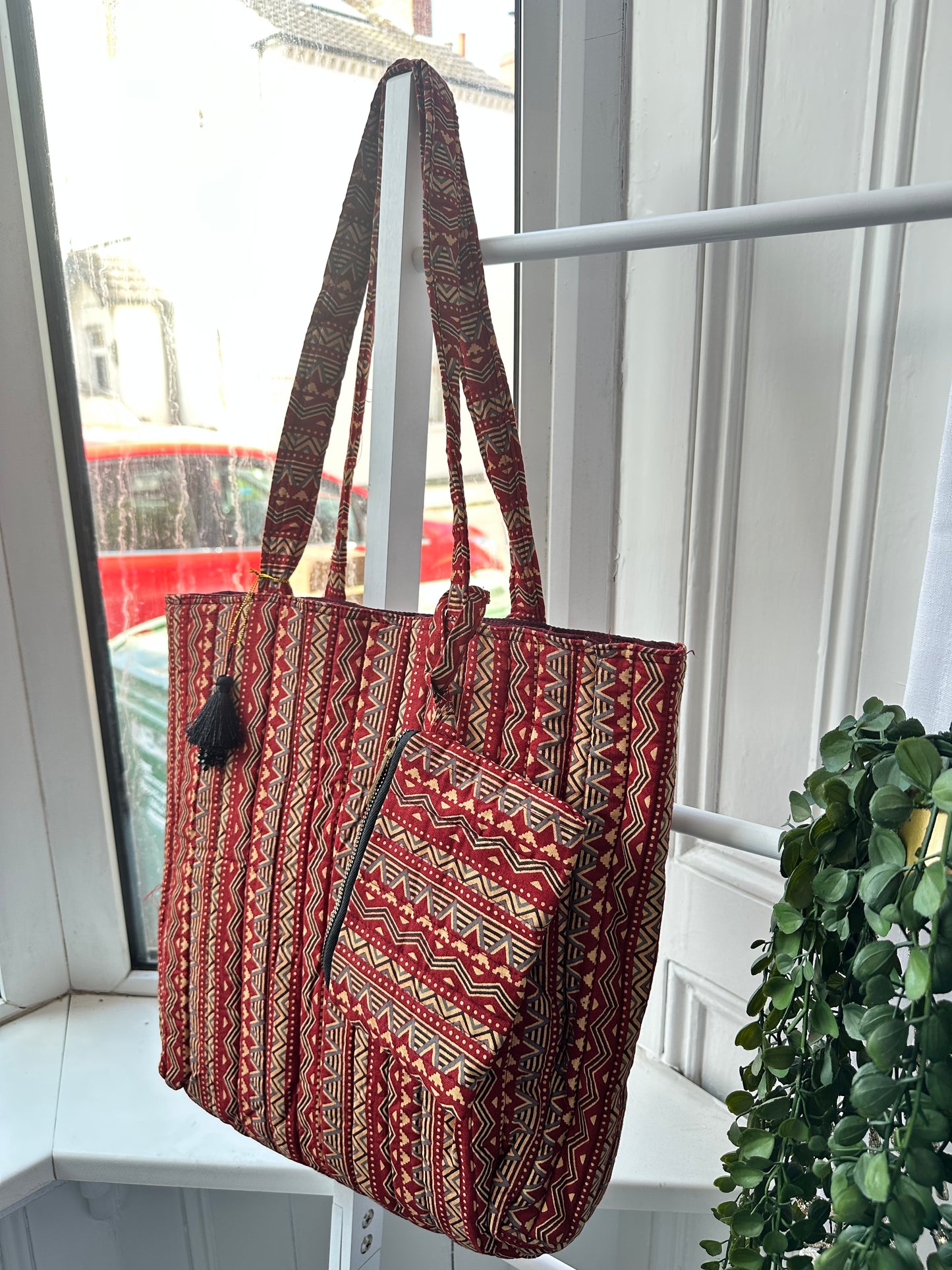 Rekha Block Print Handmade Tote Bag with tassel and a mini Pouch