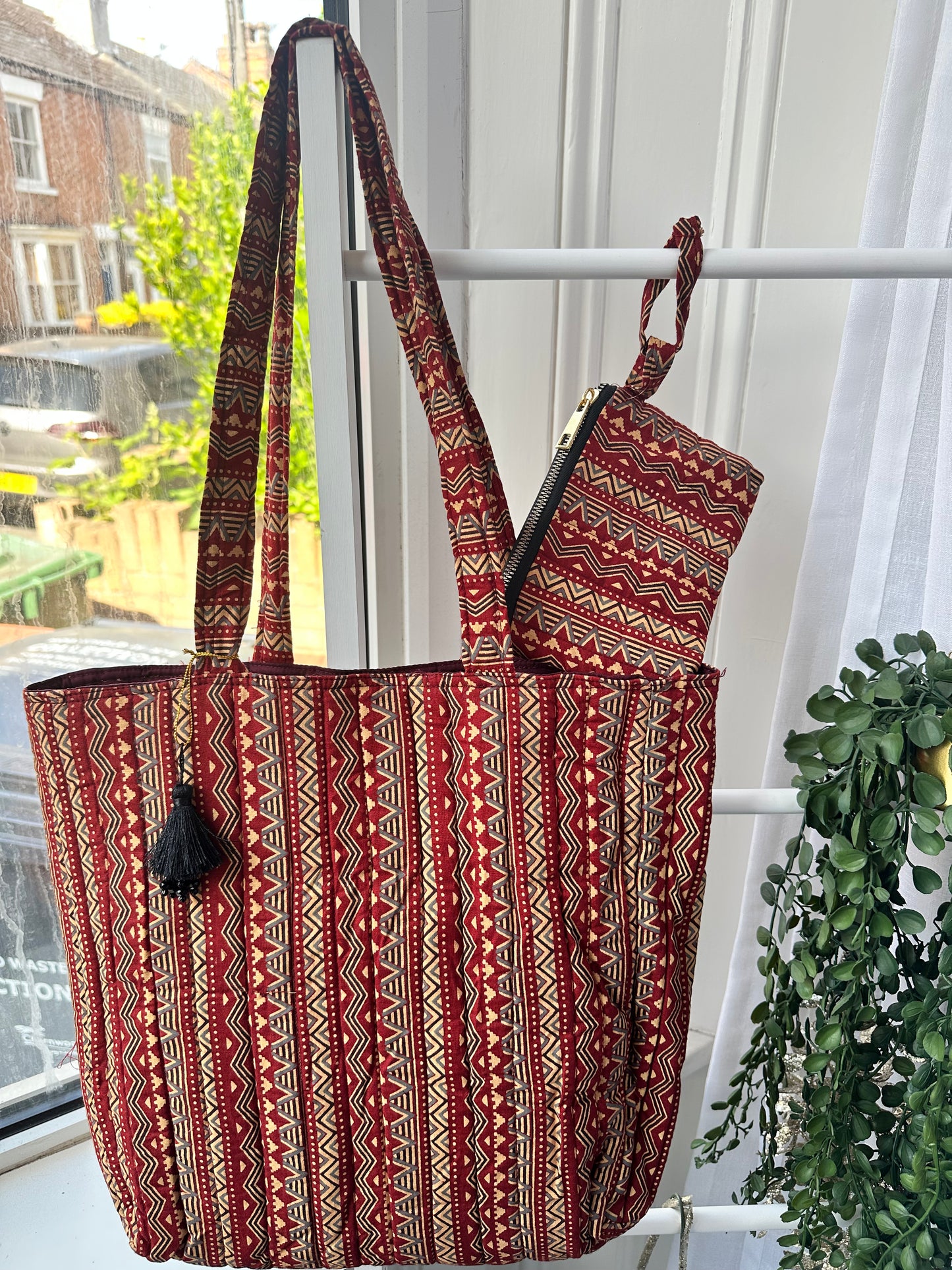 Rekha Block Print Handmade Tote Bag with tassel and a mini Pouch
