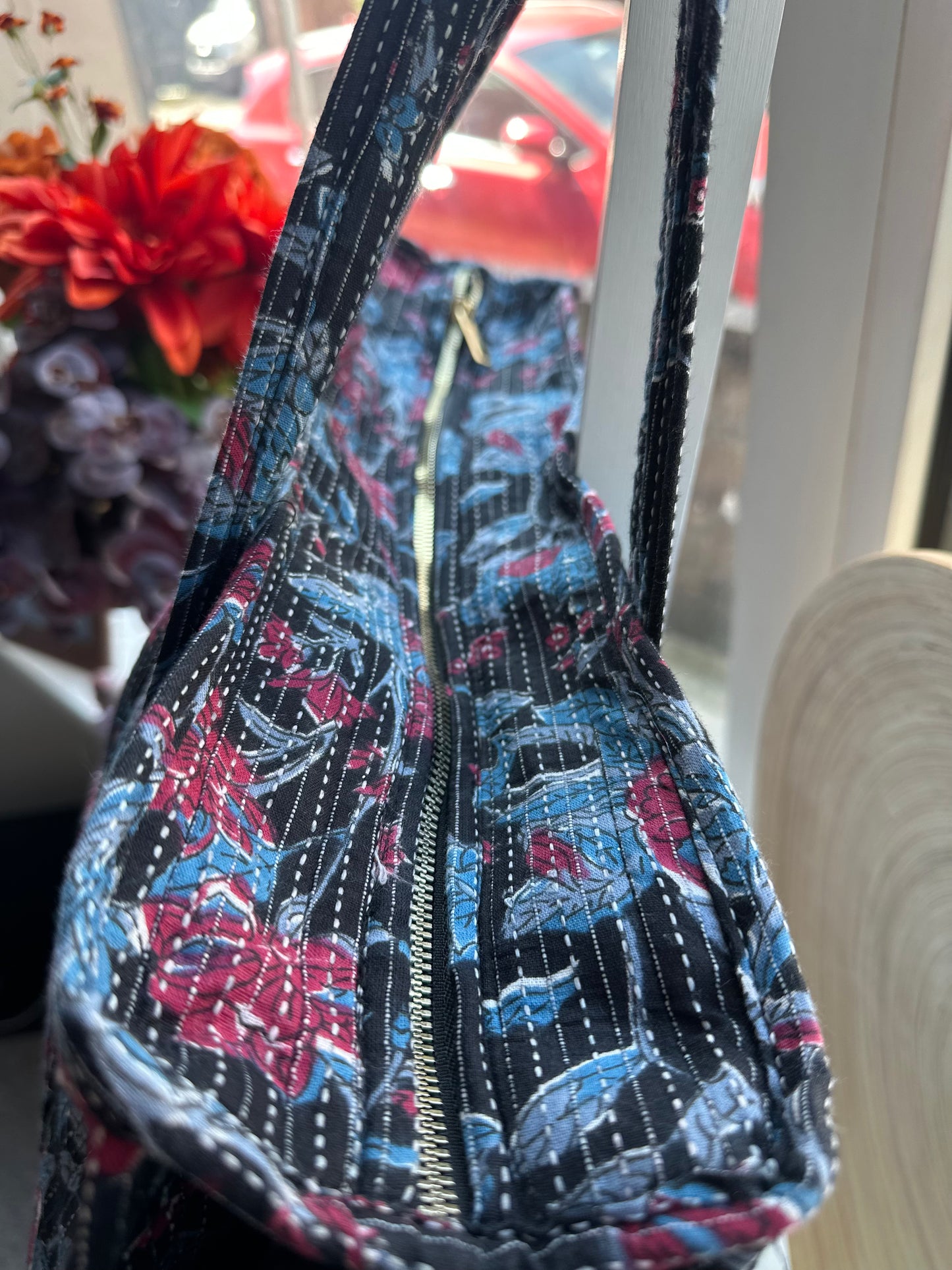 Wildflower Eclipse Handmade Shoulder Bag with Zipper and Bottle Holder Pocket