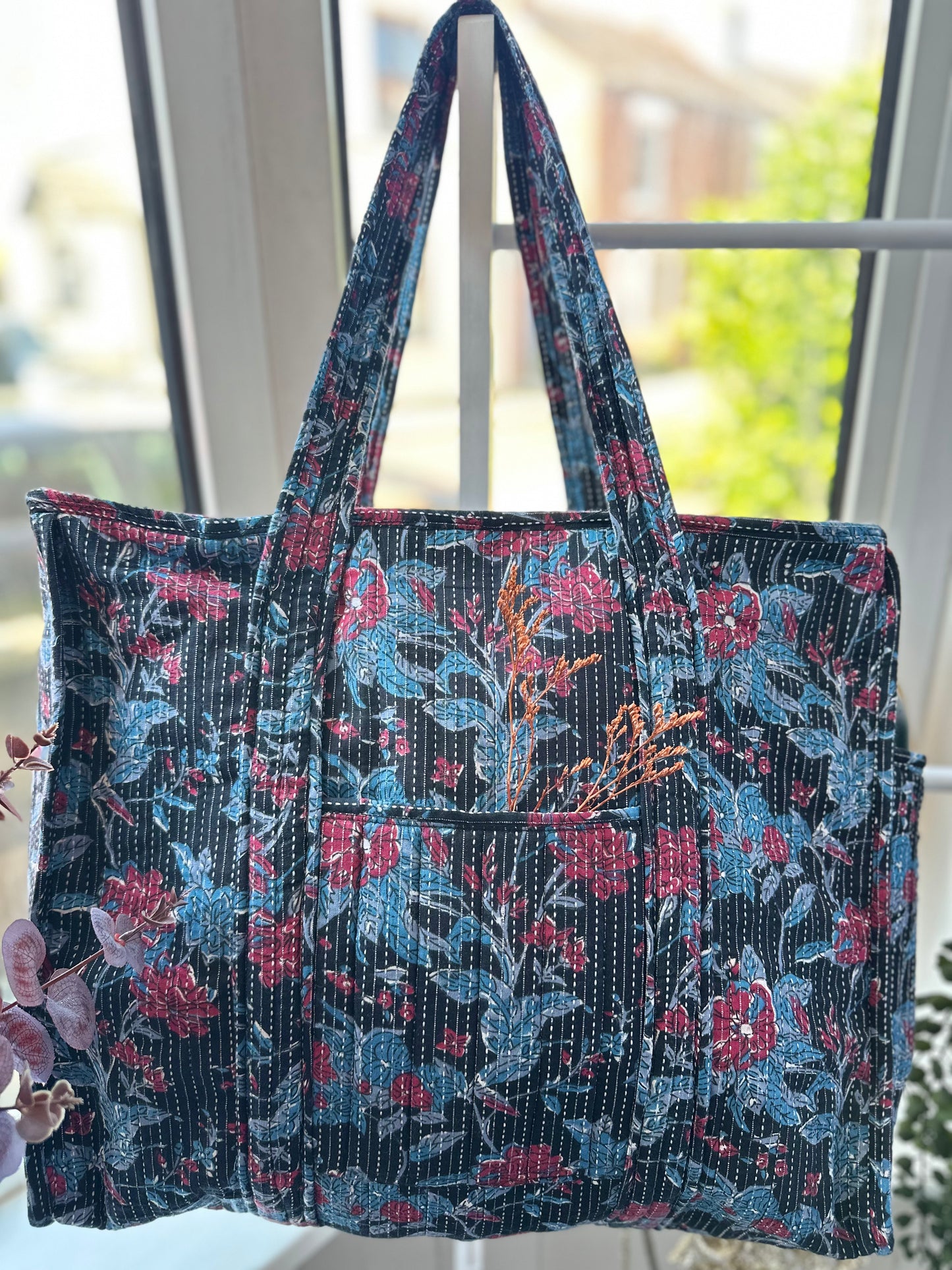 Wildflower Eclipse Handmade Shoulder Bag with Zipper and Bottle Holder Pocket