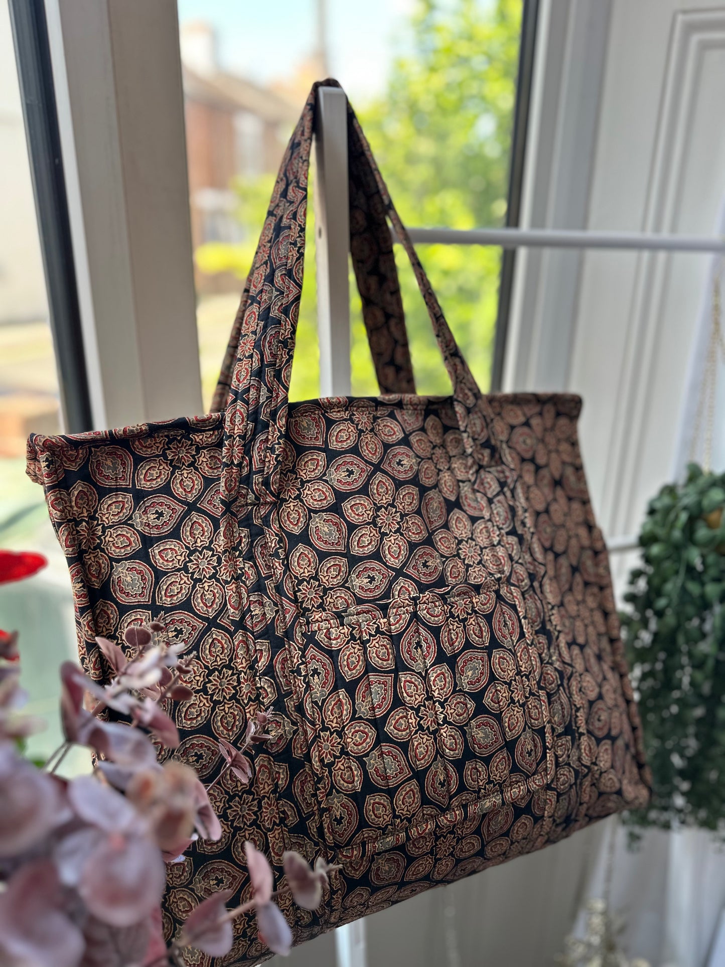 Baag Ajrakh Handmade Shoulder Bag with Zipper and Bottle Holder Pocket