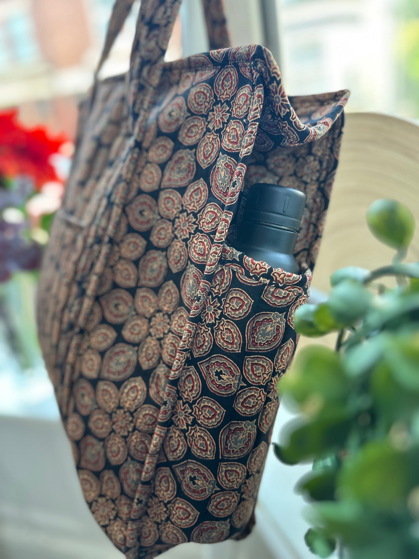 Baag Ajrakh Handmade Shoulder Bag with Zipper and Bottle Holder Pocket