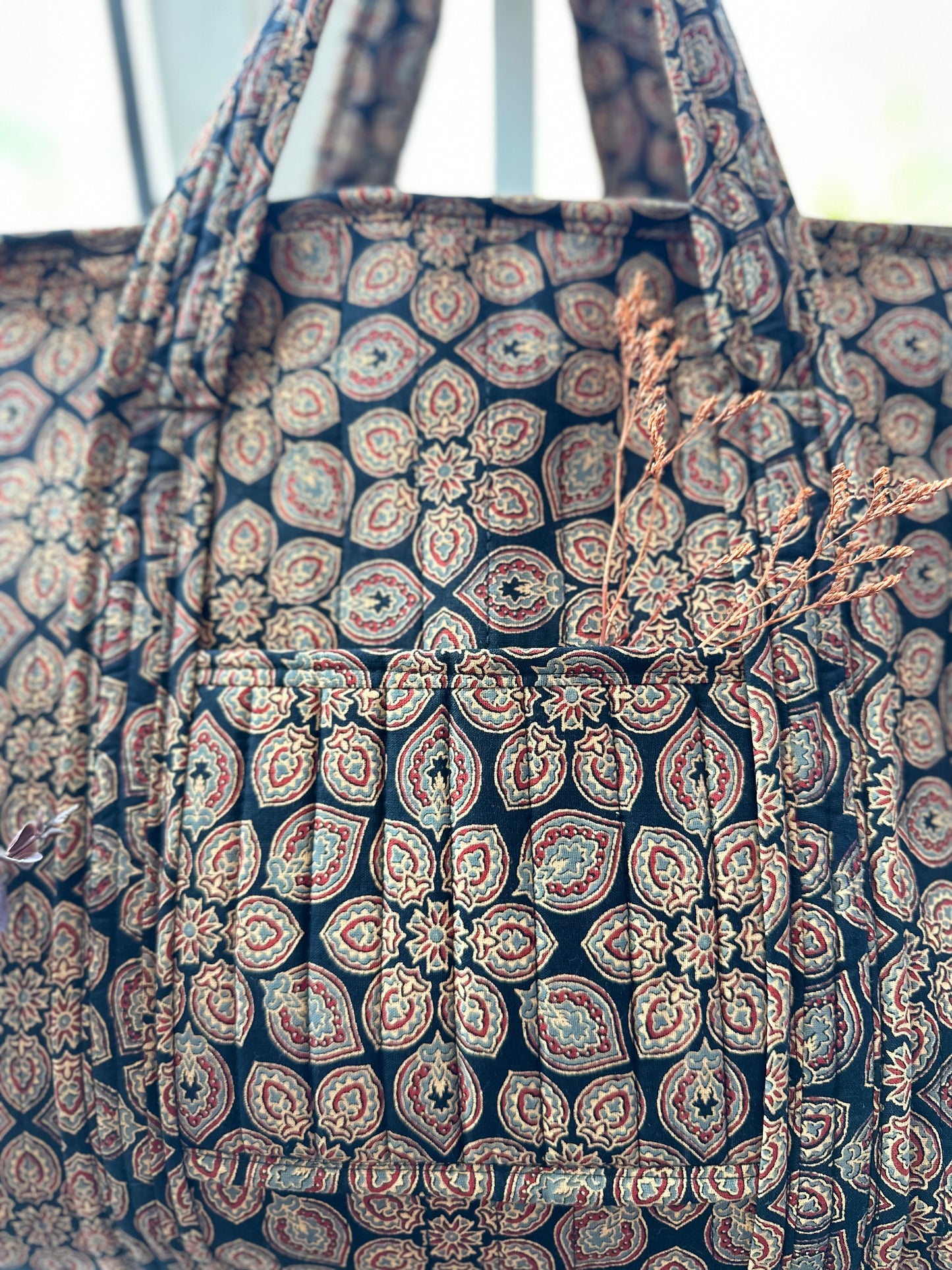 Baag Ajrakh Handmade Shoulder Bag with Zipper and Bottle Holder Pocket