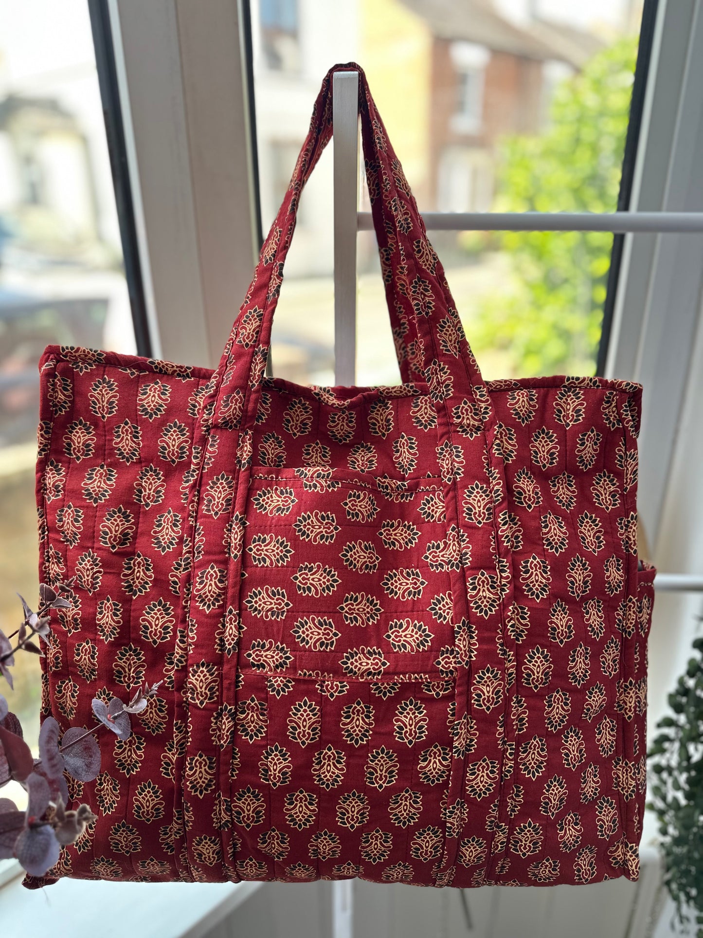 Rooh Ajrakh Blockprint Handmade Shoulder Bag with Zipper and Bottle Holder Pocket