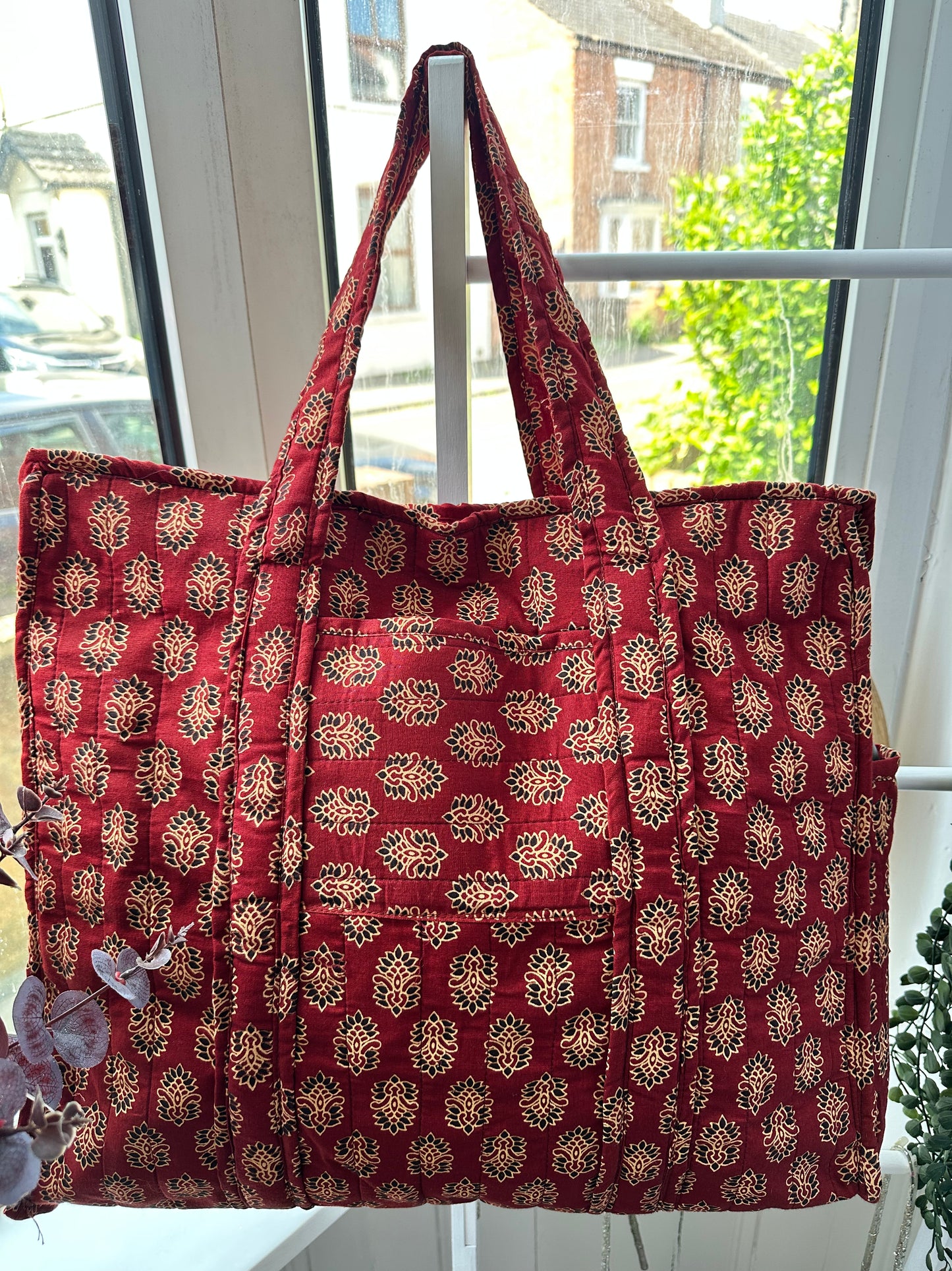 Rooh Ajrakh Blockprint Handmade Shoulder Bag with Zipper and Bottle Holder Pocket