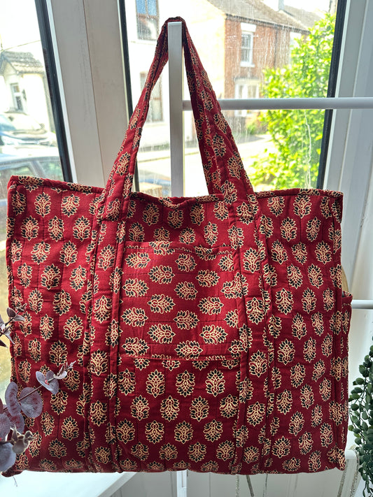Rooh Ajrakh Blockprint Handmade Shoulder Bag with Zipper and Bottle Holder Pocket