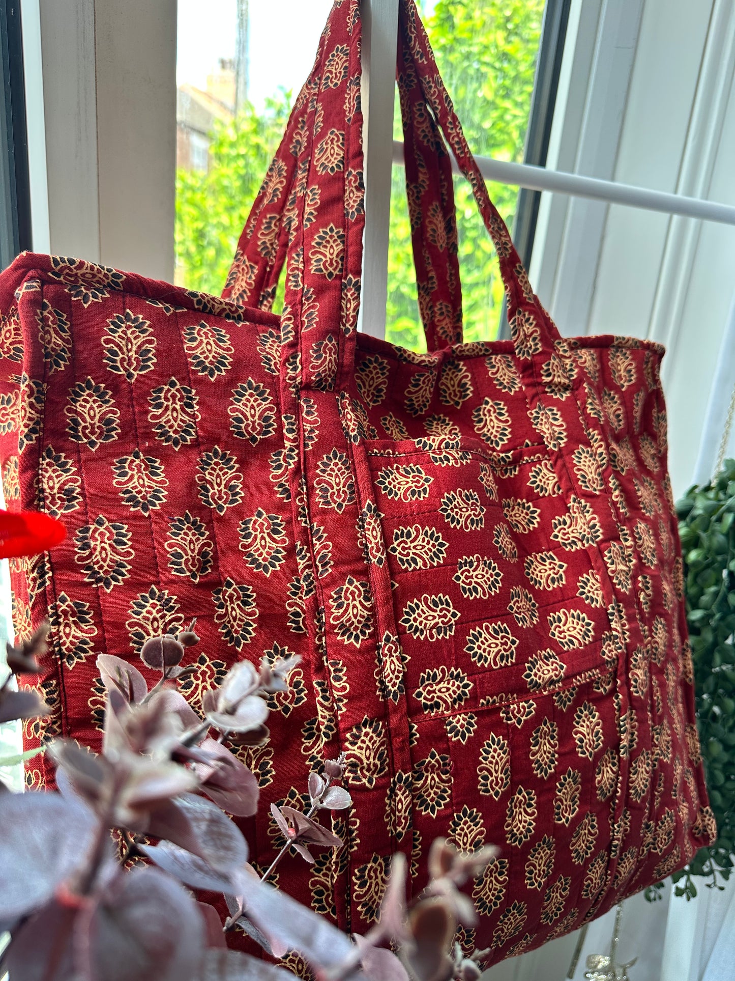 Rooh Ajrakh Blockprint Handmade Shoulder Bag with Zipper and Bottle Holder Pocket