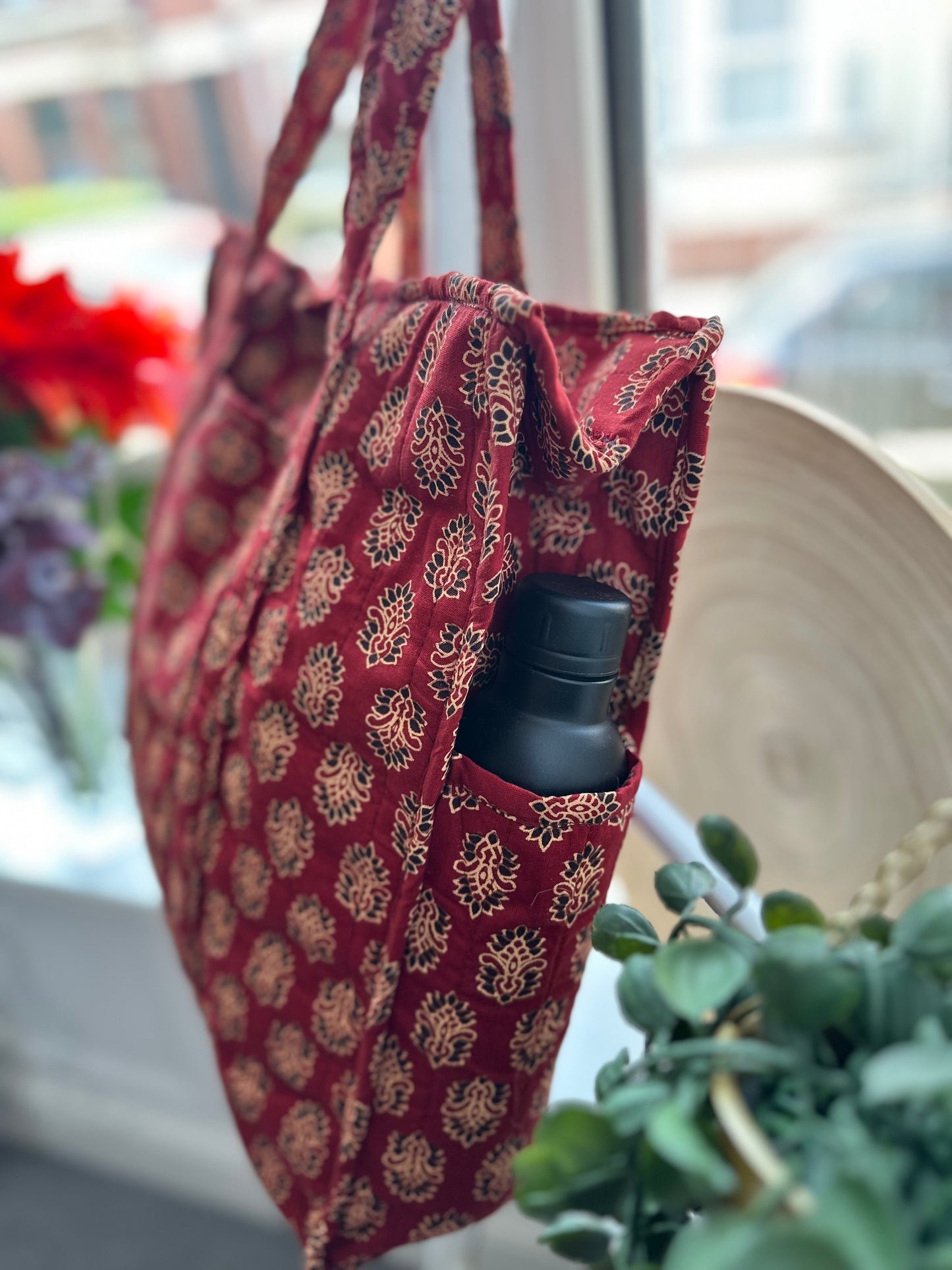 Rooh Ajrakh Blockprint Handmade Shoulder Bag with Zipper and Bottle Holder Pocket