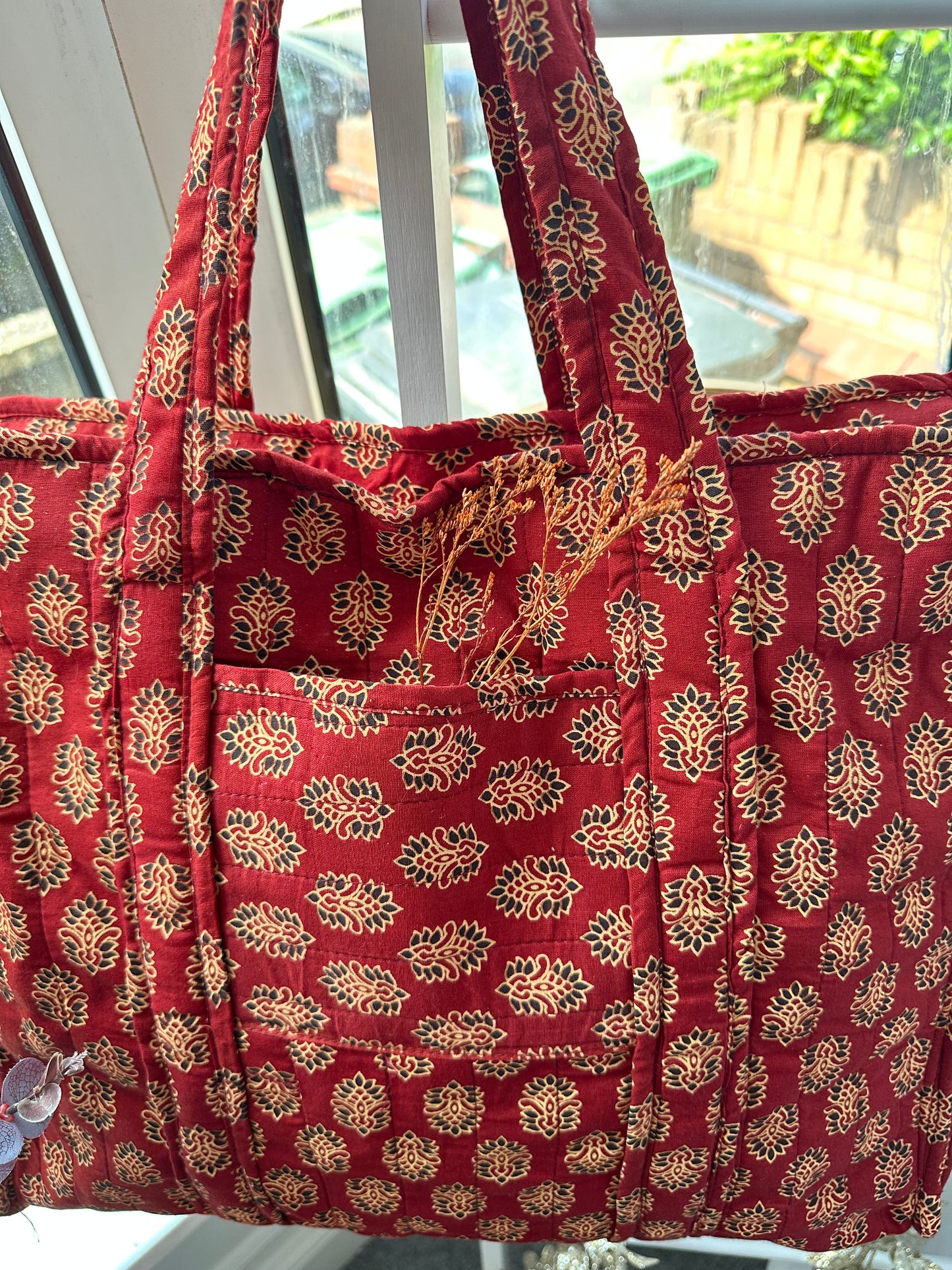 Rooh Ajrakh Blockprint Handmade Shoulder Bag with Zipper and Bottle Holder Pocket