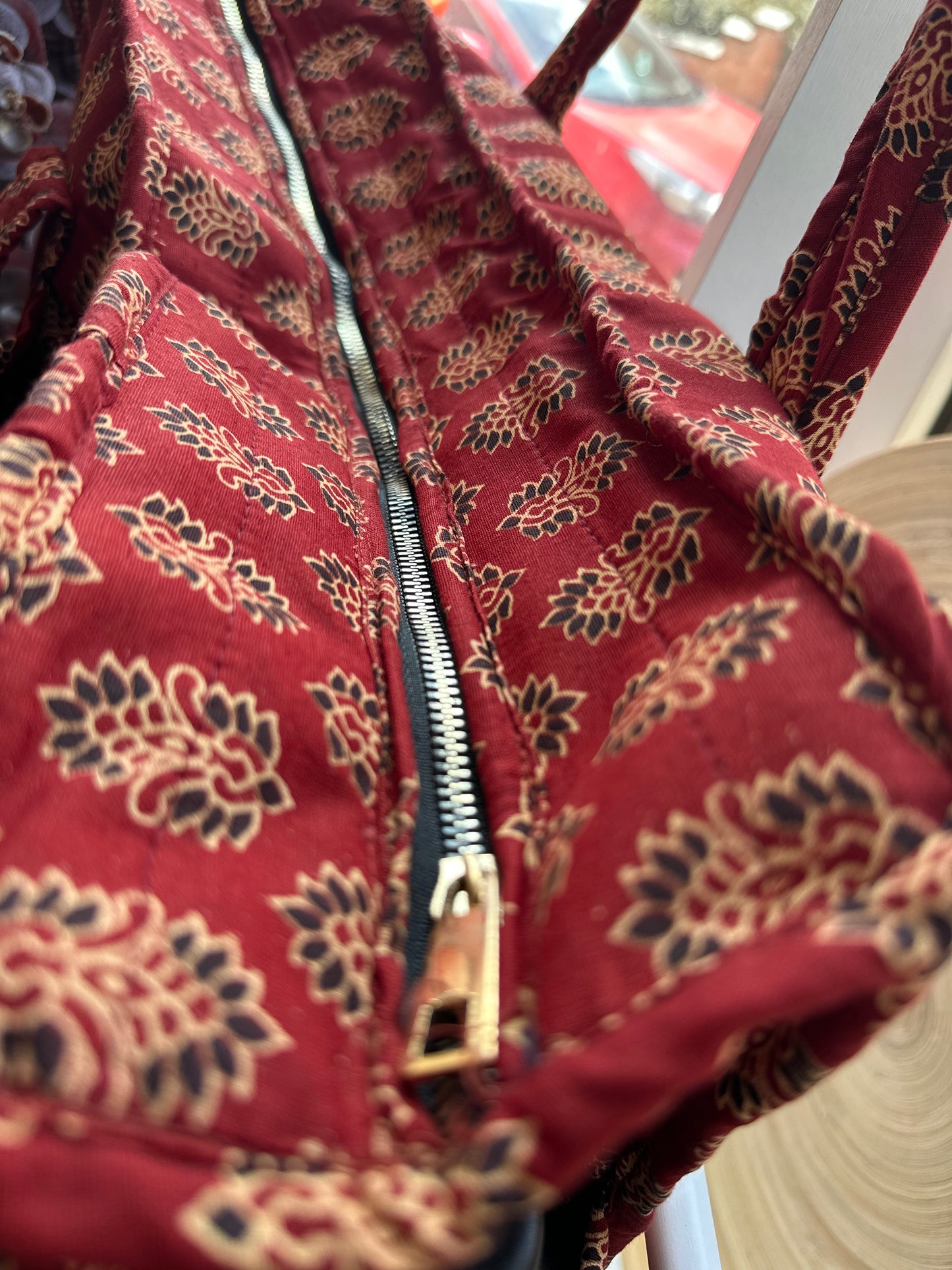 Rooh Ajrakh Blockprint Handmade Shoulder Bag with Zipper and Bottle Holder Pocket