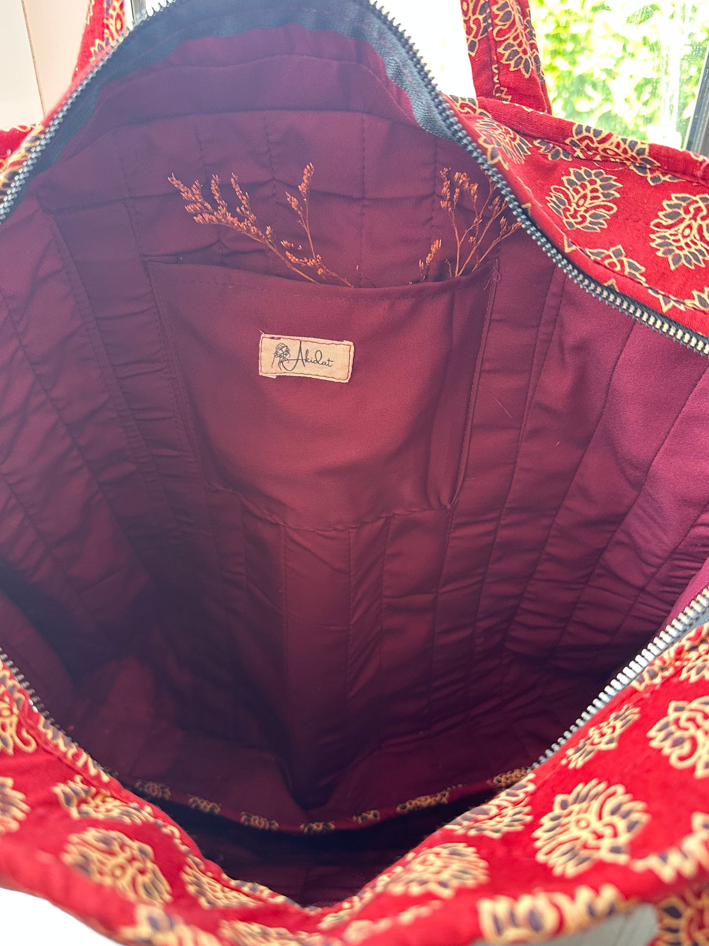 Rooh Ajrakh Blockprint Handmade Shoulder Bag with Zipper and Bottle Holder Pocket