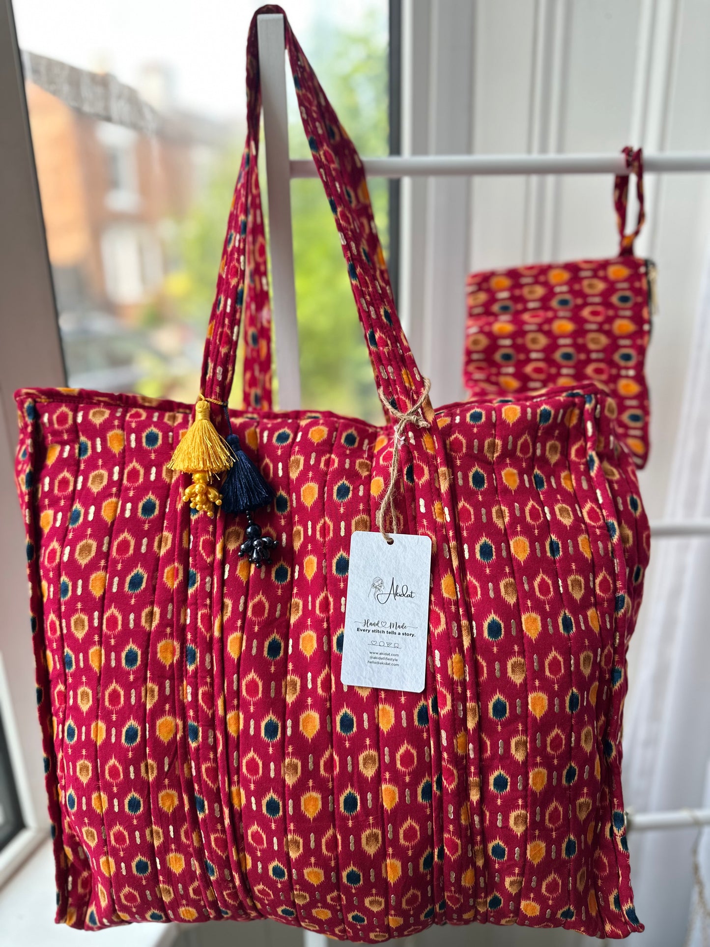 Boho Bazaar Ikat Handmade Shoulder Bag with tassels and Mini Pouch