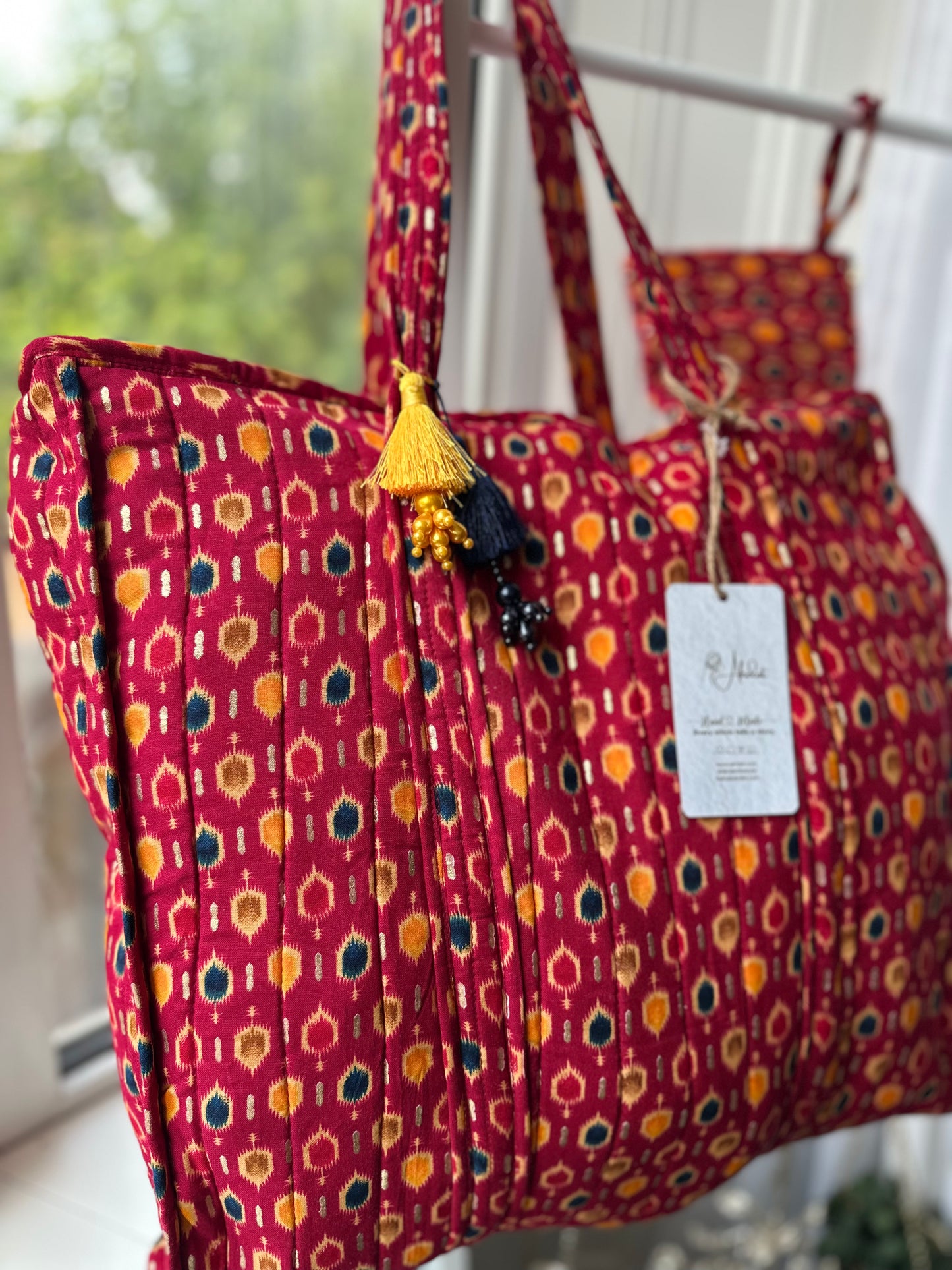 Boho Bazaar Ikat Handmade Shoulder Bag with tassels and Mini Pouch