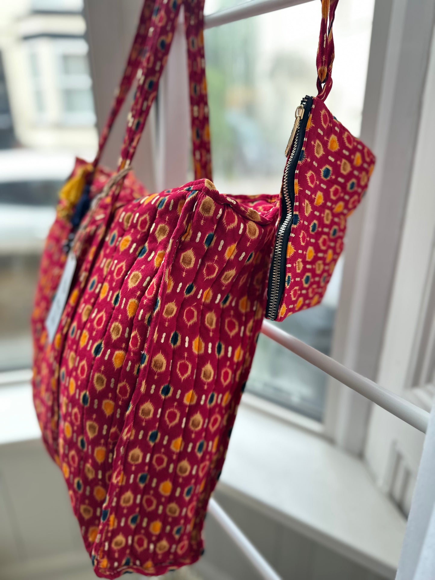 Boho Bazaar Ikat Handmade Shoulder Bag with tassels and Mini Pouch