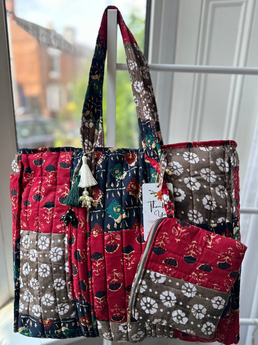 Mudra Blockprint Handmade Shoulder Bag with Tassels and Mini Pouch