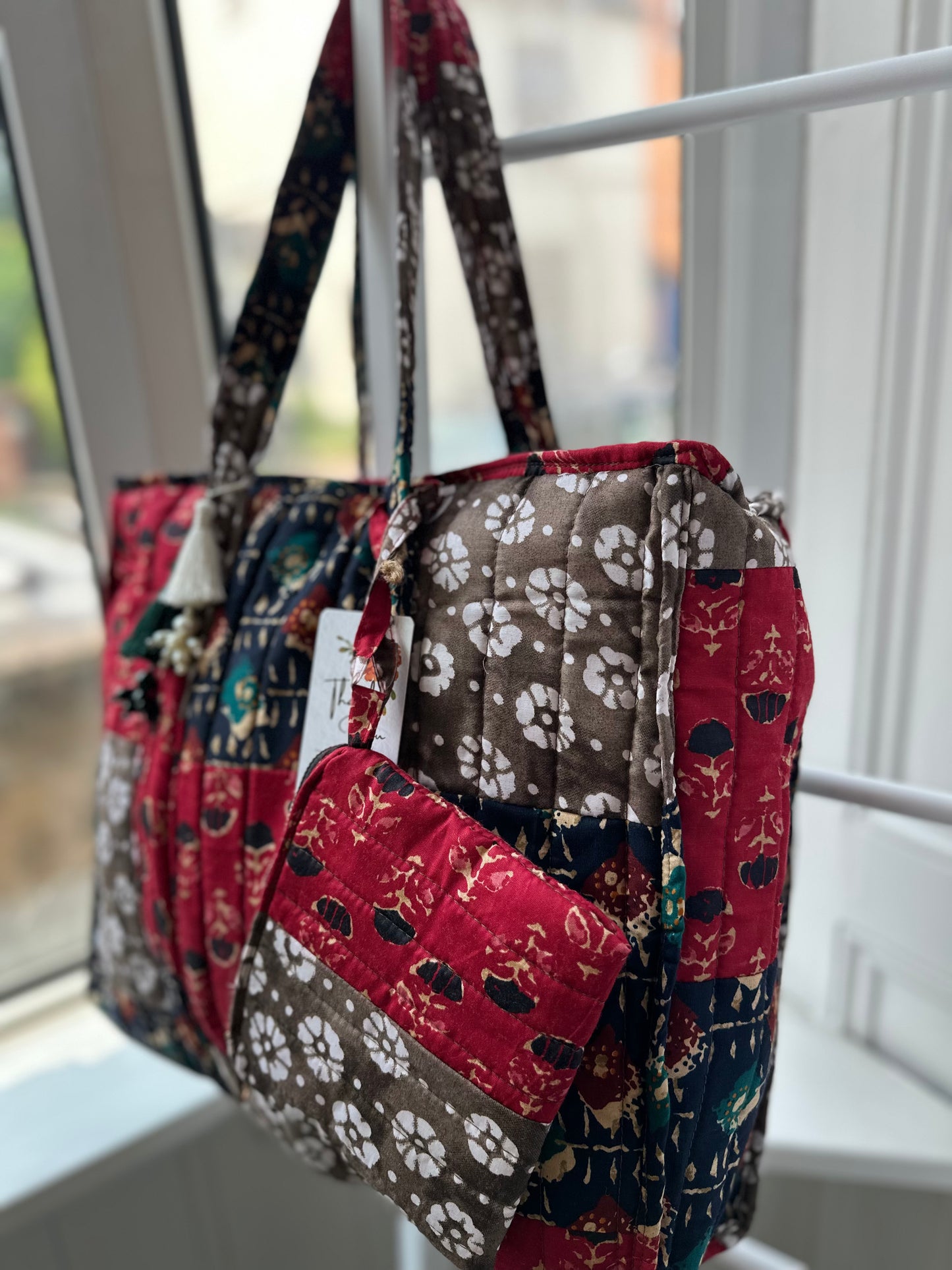 Mudra Blockprint Handmade Shoulder Bag with Tassels and Mini Pouch