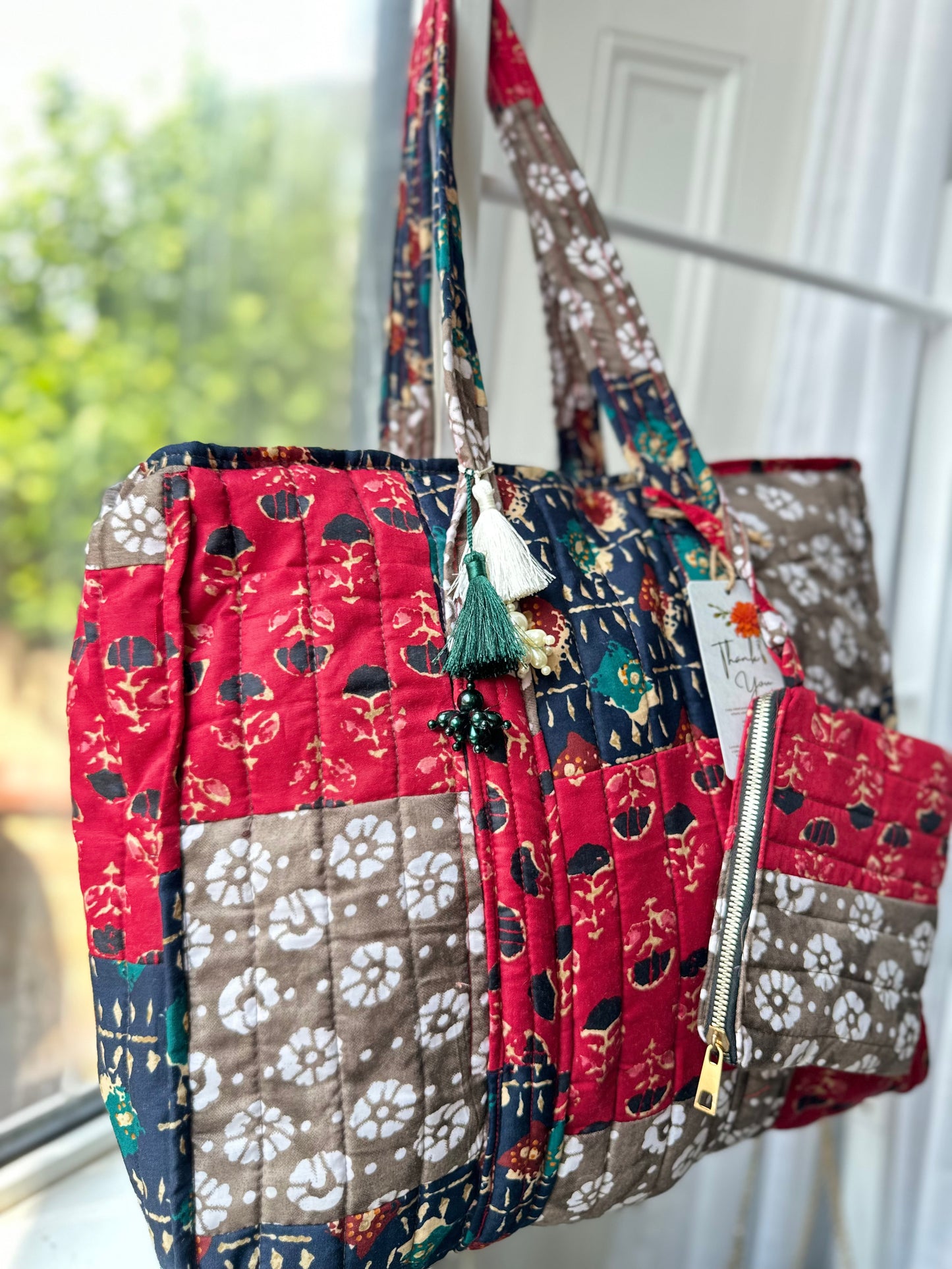 Mudra Blockprint Handmade Shoulder Bag with Tassels and Mini Pouch