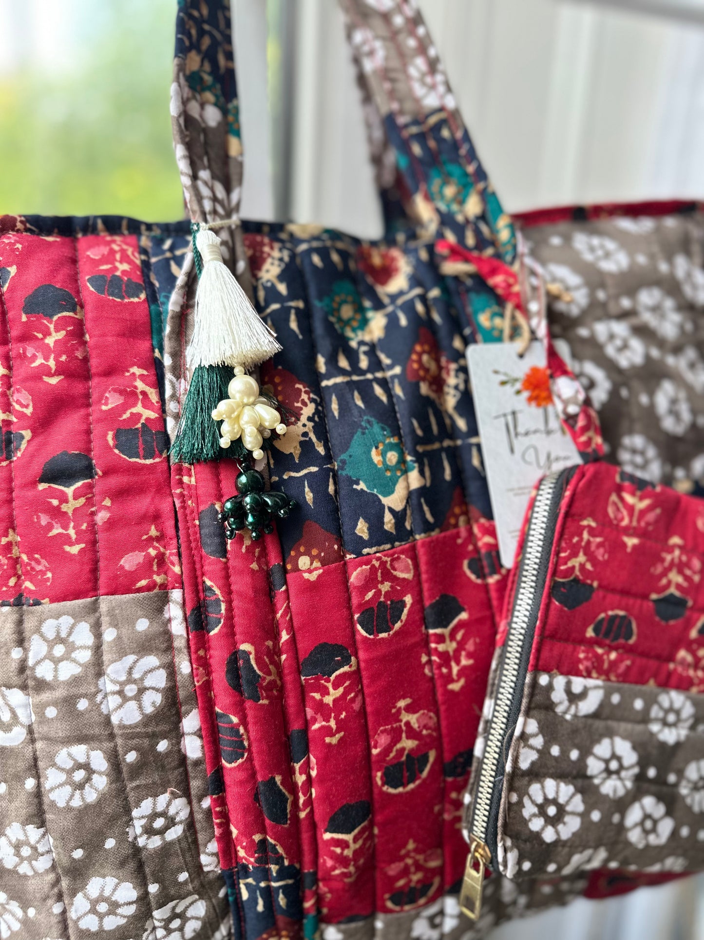 Mudra Blockprint Handmade Shoulder Bag with Tassels and Mini Pouch