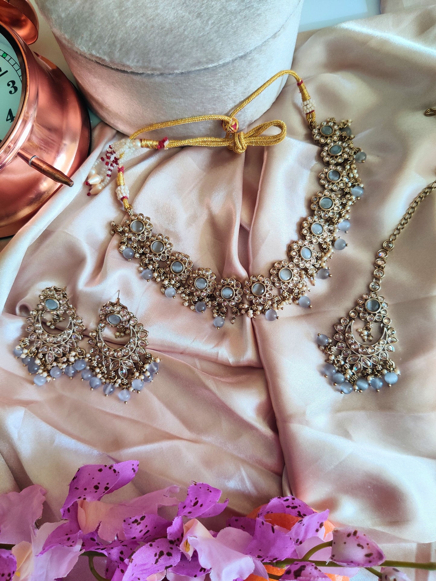 Grey Stone Victorian Faux Polki Necklace, Maang Teeka and Earring Set