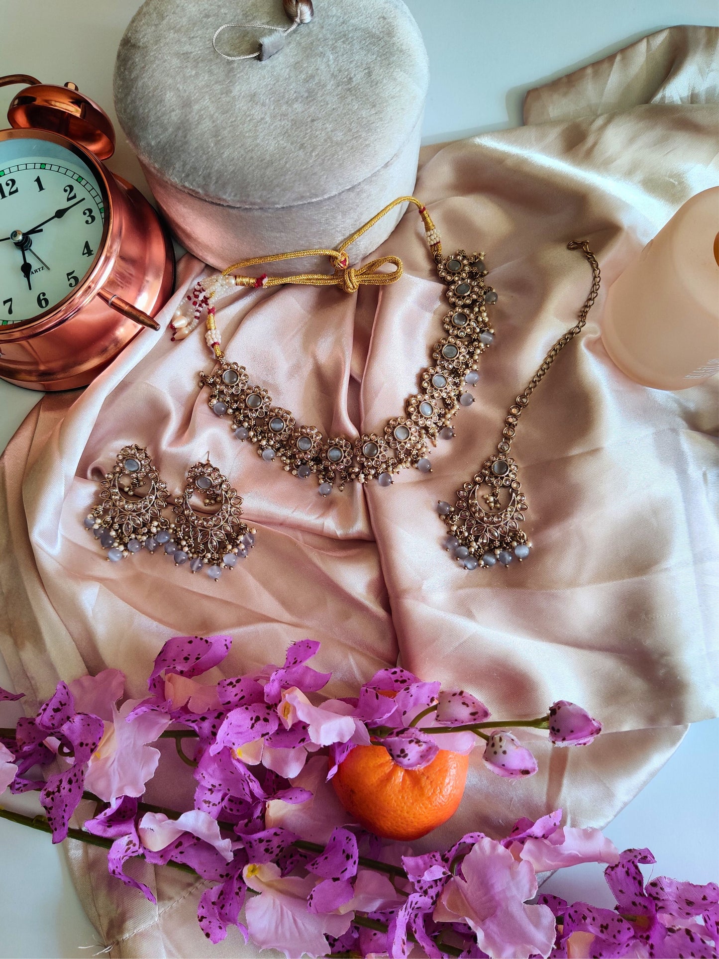 Grey Stone Victorian Faux Polki Necklace, Maang Teeka and Earring Set