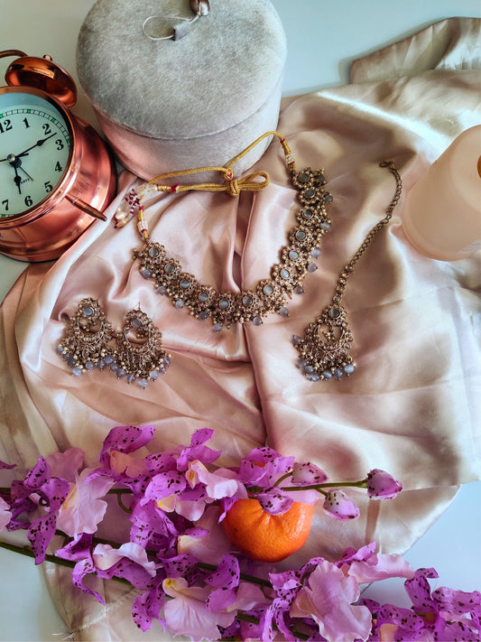 Grey Stone Victorian Faux Polki Necklace, Maang Teeka and Earring Set