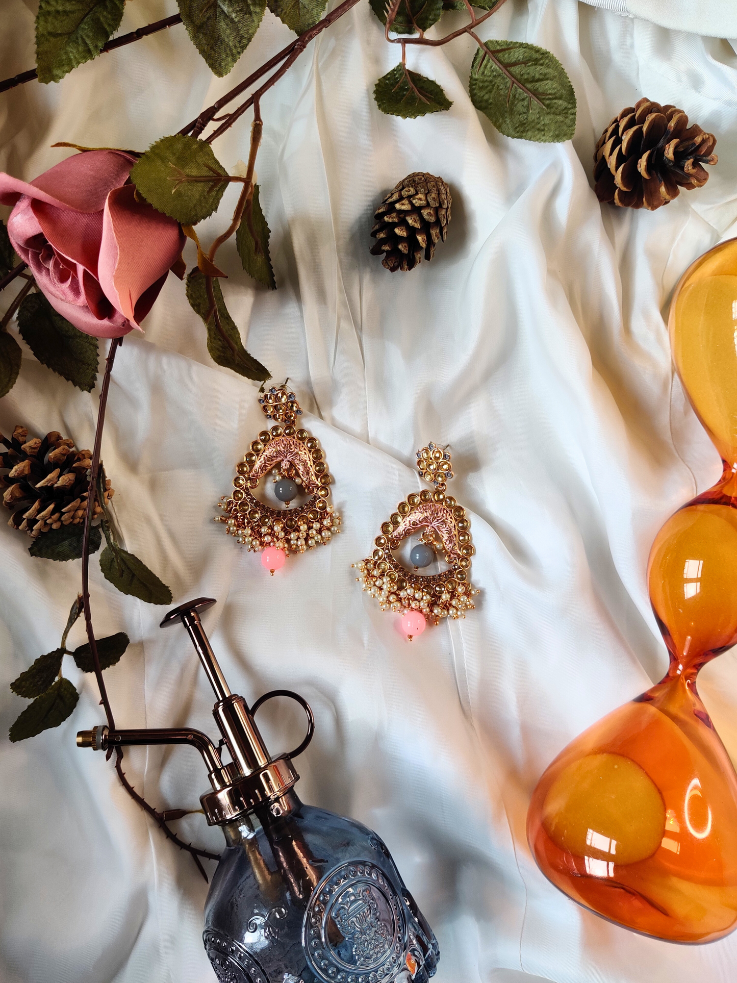 Grey and Pink Pearl Drop Long Earrings