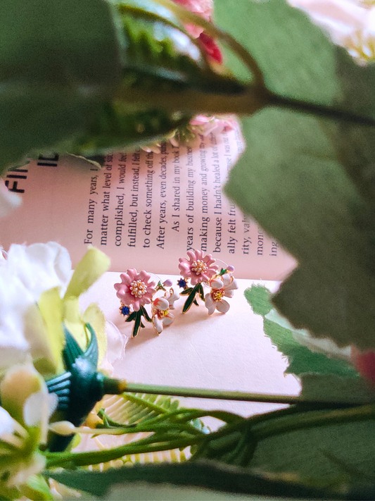 Korean Pink and White Flower Stud Earrings