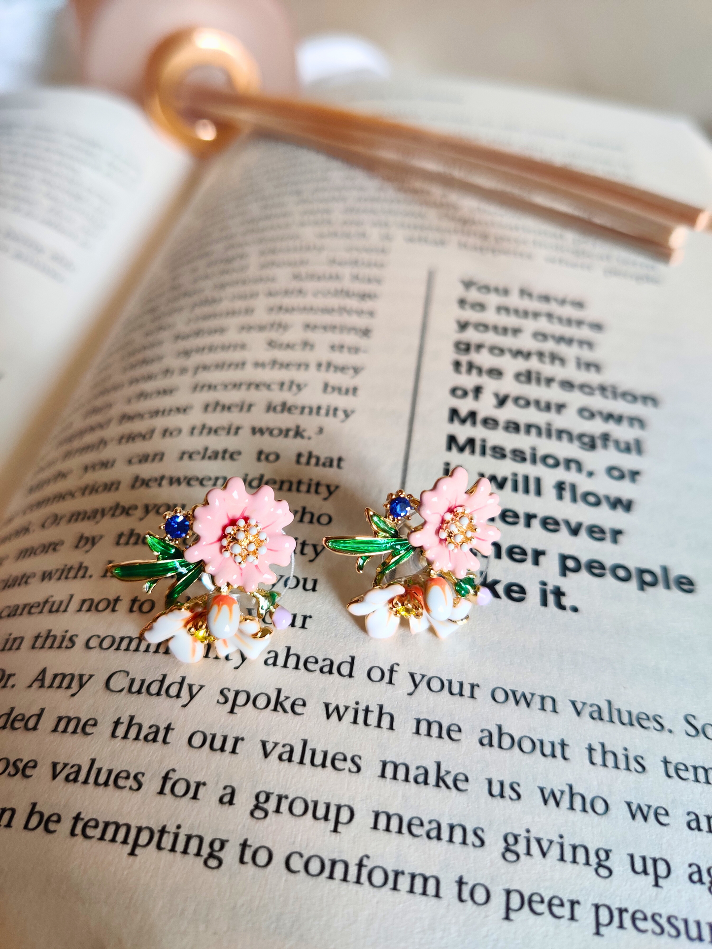 Korean Pink and White Flower Stud Earrings