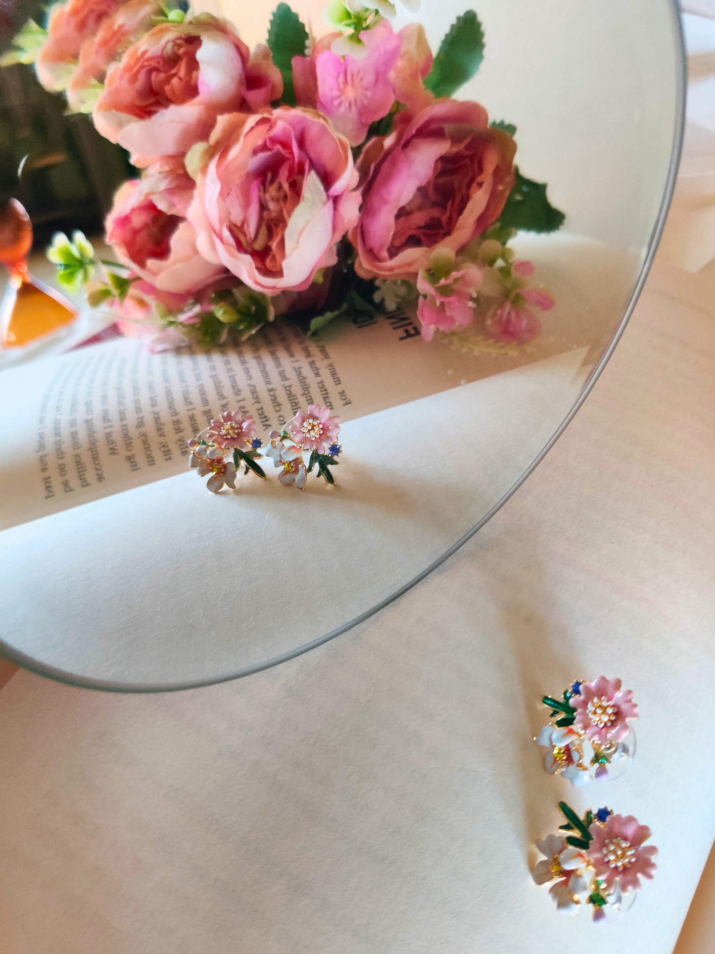 Korean Pink and White Flower Stud Earrings