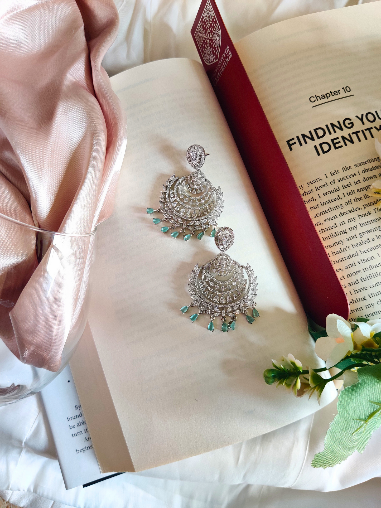 Pista Green Silver base Chandbali AD Drop Earrings