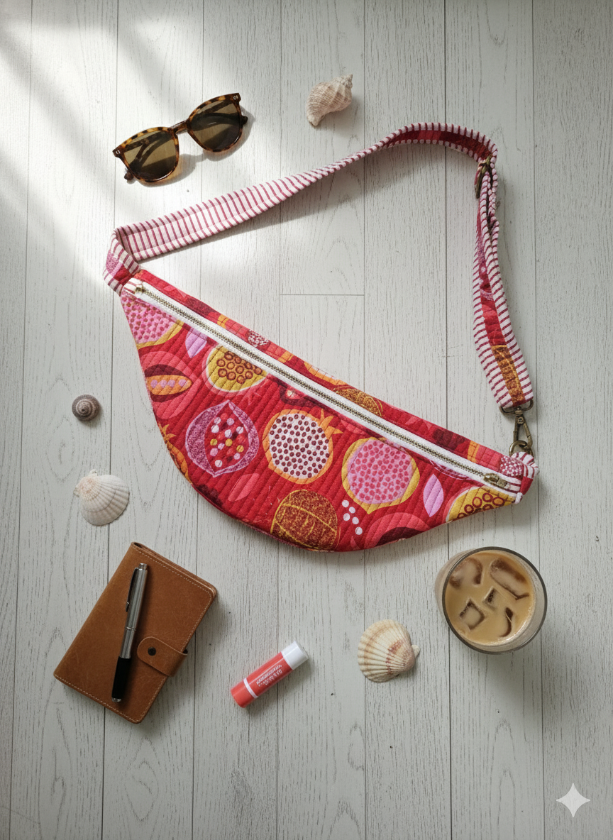 Fanny pack with a colourful pomegranate print pattern on red base kept on a light wooden surface with accessories.
