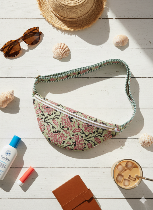Green and red Floral-patterned waist bag or fanny pack on a wooden surface with sunglasses, sun hat, and other accessories.