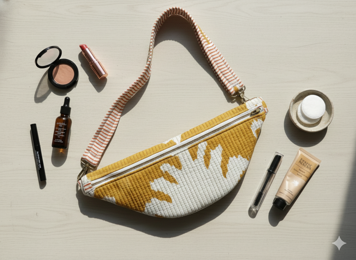 Yellow and white patterned quilted bum bag with various skincare products on a light surface