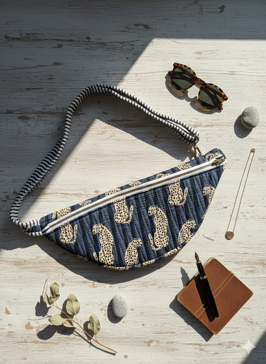 Navy blue bum/fanny bag with beige leopard block print patterns on a wooden surface with sunglasses and a pen holder.