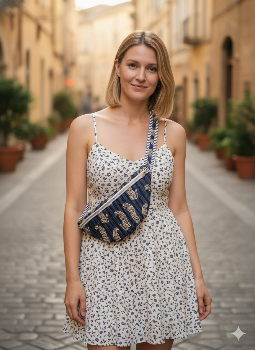 Woman in a floral dress with a blue fanny/bum bag with leopard print in an outside street setting