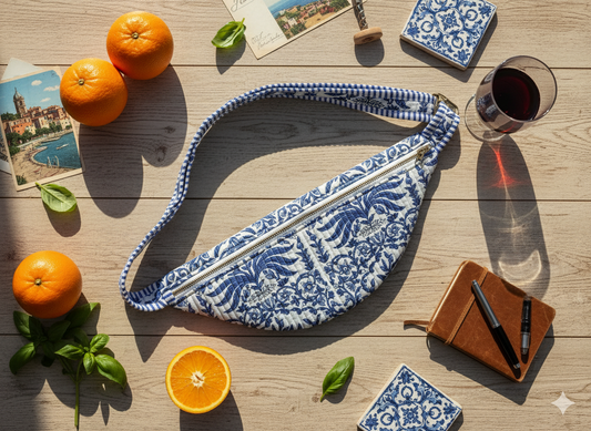 Blue and white traditional floral patterned fanny/bum bag on a wooden surface with oranges and a glass of red wine.