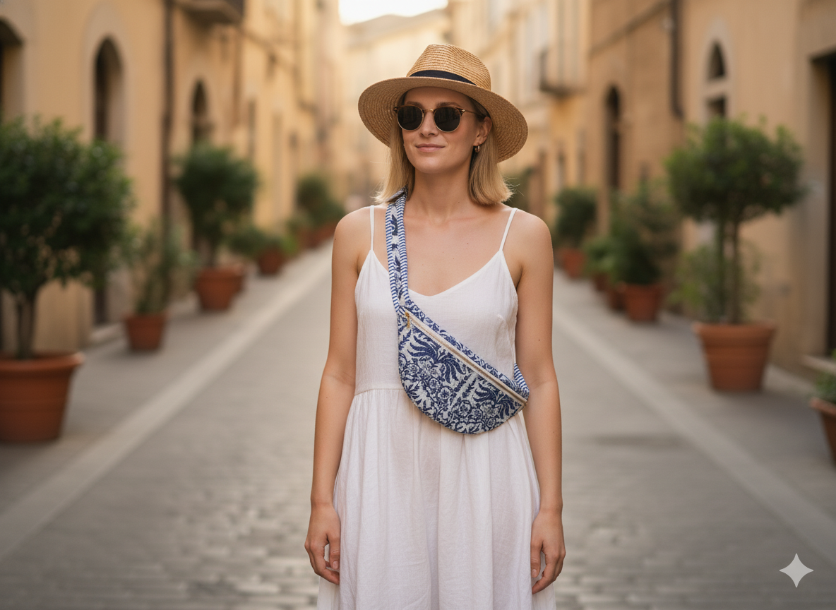Woman in a white dress and straw hat with a blue floral-patterned fanny/bum bag walking down a sunlit street.