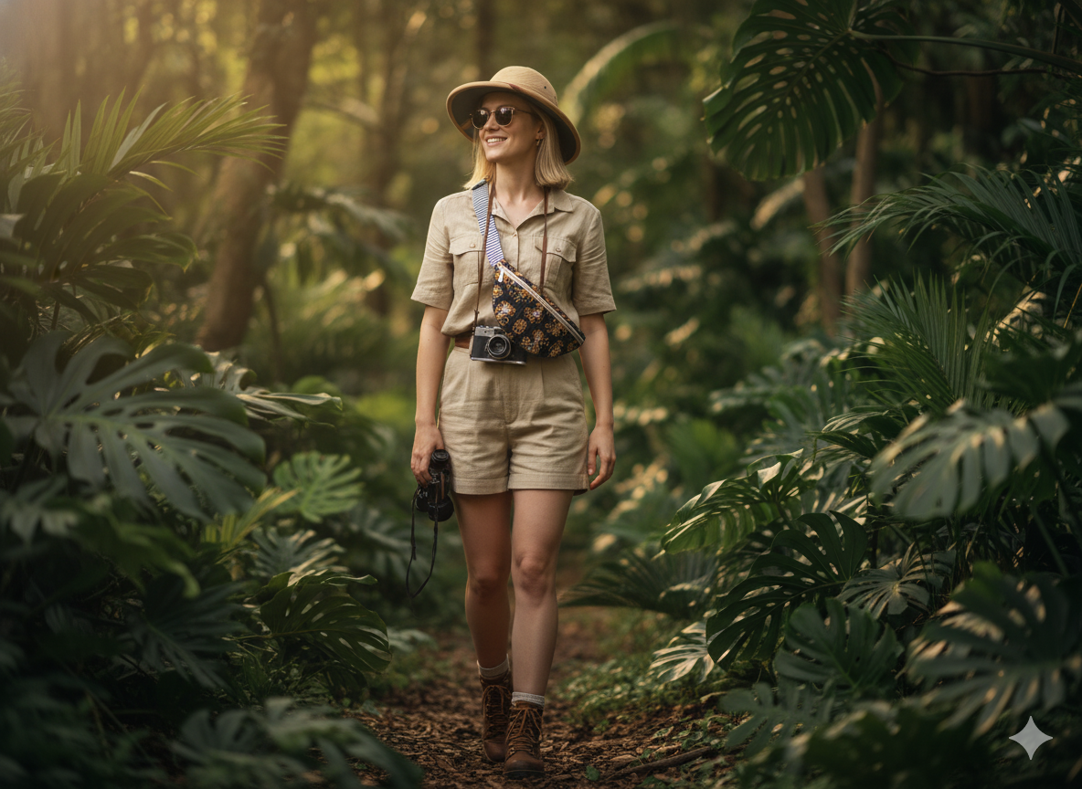 Woman in a safari outfit walking through a jungle carrying a blck fanny pack with tiger print.