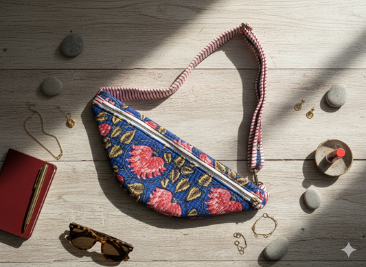 A blue-based, red-flower, floral-patterned fanny pack is kept on a wooden surface with accessories around