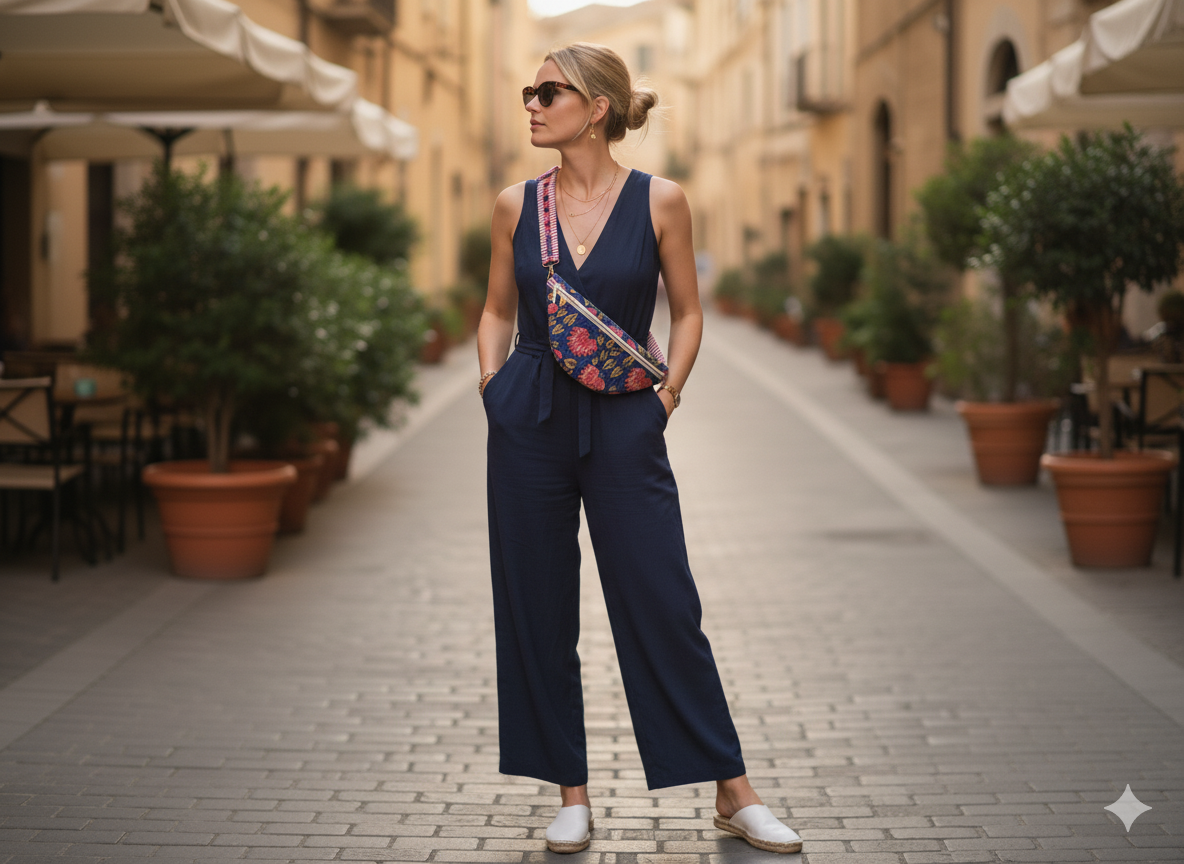 Woman in a blue outfit with a blue and red fanny pack/bum bag walking down a street in an urban setting.