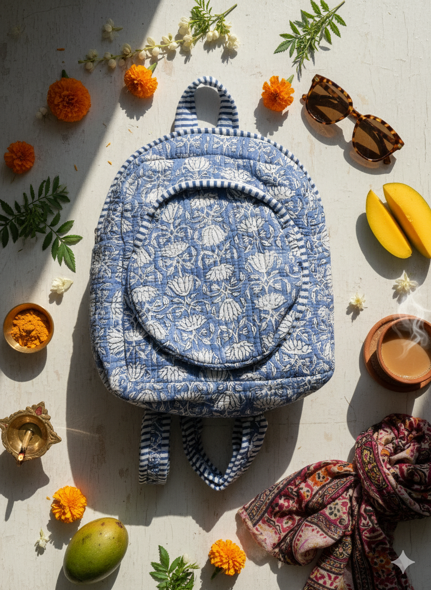 Blue floral-patterned backpack on a light surface with decorative items like flowers and sunglasses.