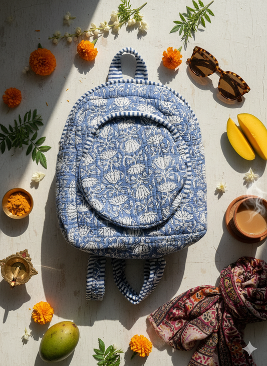 Blue floral-patterned backpack on a light surface with decorative items like flowers and sunglasses.