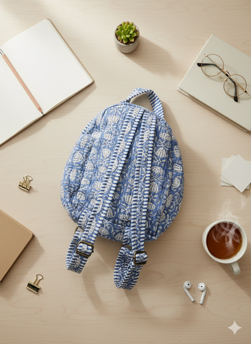 Blue floral-patterned bag with adjustable straps on a desk with office supplies