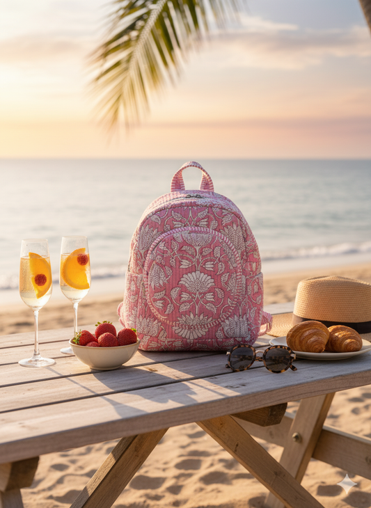 A pink and white floral-patterned backpack on a beach table with drinks and snacks.
