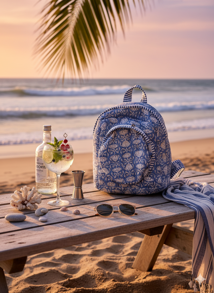 Lotus Trail Mini Quilted Backpack featuring a colourful floral print on a quilted design with adjustable straps on a beach with ocean view, cocktail, and sunglasses. 