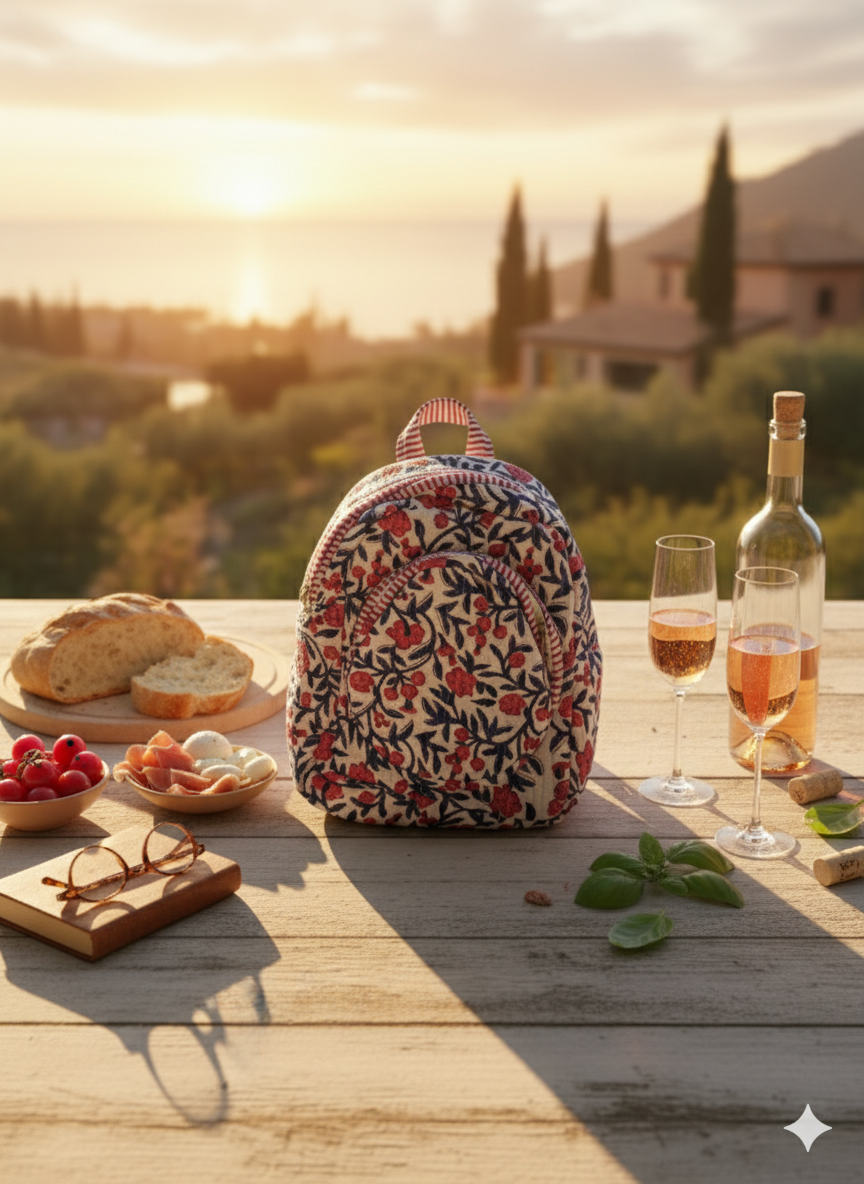 Floral-patterned backpack on a wooden table with wine glasses and snacks, set against a scenic background.