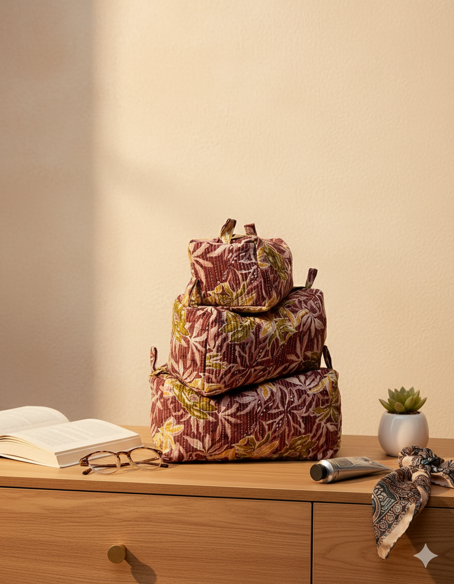 Set of 3 washer bags in floral print  on mauve base colour