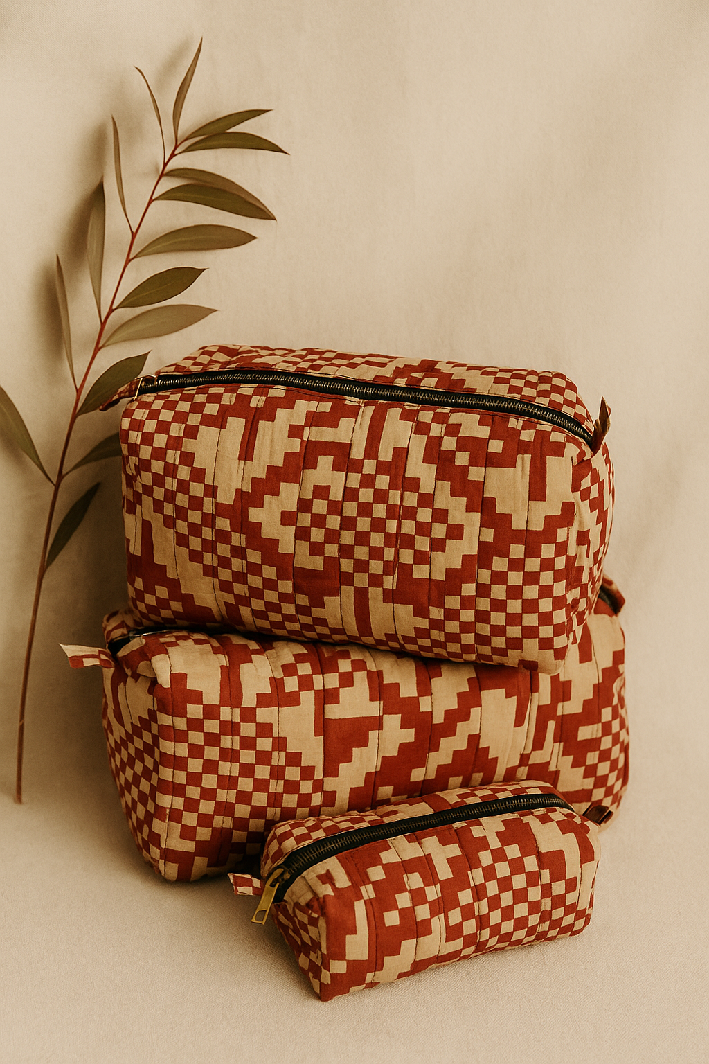 Set of 3 washer bags with a geometric pattern on a maroon base on a plain background and a leaf on the side. 
